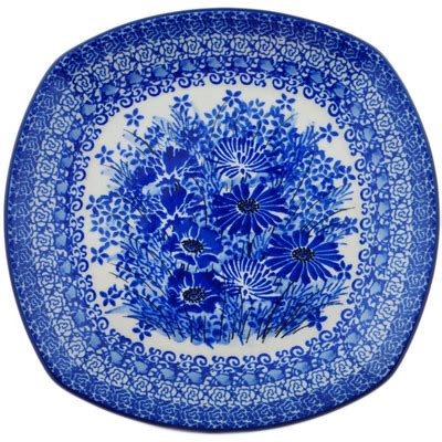 Polish Pottery 8" Egg Plate Blue Poppy Dream UNIKAT