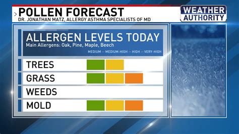 Pollen count maryland. During peak season for tree pollen, keep your windows and doors closed, especially on windy days. Avoid outdoor activities in the early morning, and be sure to shower and change clothes after ... 