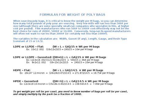 Poly bag weight calculation formula.  This is most useful when you nee...