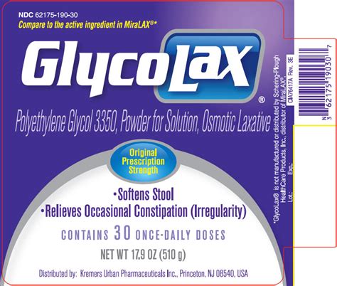 Polyethylene Glycol 3350, 17 g ... Osmotic Laxative