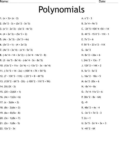 Polynomials Worksheet WordMint