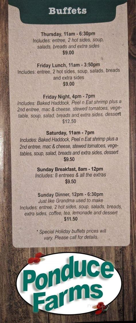 View the menu for Ponduce Farms and restaurants in Elysburg
