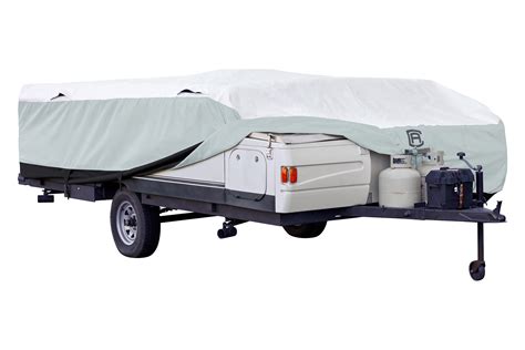 Pop up camper cover. 16 Feet Long. 17 Feet Long. 18 Feet Long. Good UV/Dust/Weather Protection. Features: Protect your pop-up camper during storage with this heavy-duty cover. UV-resistant, water-resistant cover is made of polypropylene. A unique triple layer top panel provides maximum resistance to rain and snow. For campers 16' to 18' long. 