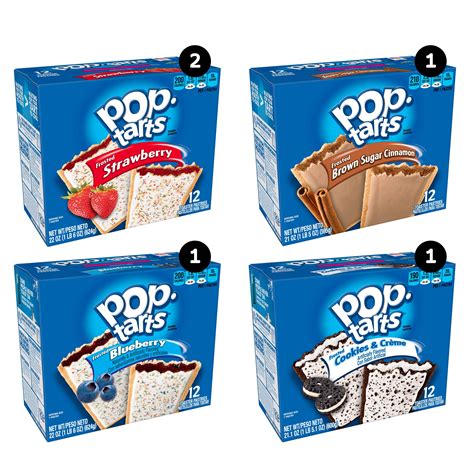 Pop-tart flavors. Pop-Tarts Variety Pack Frosted Fruit Flavors - Enjoy a delicious breakfast or snack with 32 toaster pastries in four different fruit flavors: strawberry, blueberry, cherry and raspberry. Each pastry is frosted and filled with real fruit. Compare with similar items and save on Amazon Fresh. 