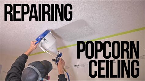Popcorn ceiling repair. Place a tarp or sheet over the floor and any furniture under the water-damaged ceiling. Use a putty knife to scrape the damaged surface. Apply a stain-blocking primer to the exposed drywall. Fully coat the affected area with the popcorn ceiling repair spray (hold the spray can 12-14 inches away from the ceiling.) 