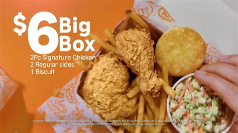 Popeyes big box deal. Rip'n Chicken Returns To Popeyes As Part Of New $6 Rip'n Chicken Big Box Deal (Limited Time) fastfoodpost. This thread is archived New comments cannot be posted and votes cannot be cast ... By me Popeyes has a deal where you can get 6 tenders, 2 sides and 2 biscuits for $7.99. This being $6, I think it may just be better to get the 6 tender deal. 