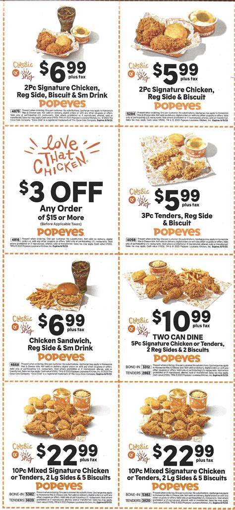 September 2023 - Click for $10 off Popeyes Chicken and Biscuits Coupons in Ocala, FL. Save printable Popeyes Chicken and Biscuits promo codes and discounts. Best Of. Popular. New York ... User feedback and our coupon code verifier checks each deal daily for new coupons related to Popeyes Chicken and Biscuits. So find the largest coupon code ...