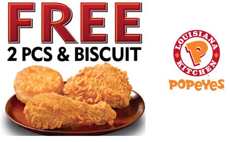 Popeyes free 2-piece and biscuit code. If you have 10 Minutes, Popeye’s is offering a coupon for a Free 2 Piece and a Biscuit if you take a 10 minute survey. Click here to take a suvery and print a coupon … 