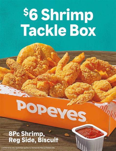Popeyes shrimp tackle box. The shrimp tackle box. It was supposed to be $5 and I didn't notice they charged me six. It was pretty good. Helpful 1. Helpful 2. Thanks 0. Thanks 1. Love this 1. Love this 2. Oh no 0. Oh no 1. Irma C. Amarillo, TX. 0. 1. Jan 13, 2023. I stopped in through the Drive up, o vehicles ahead or behind me. ordered 2 piece combo MILD. I repeated order to person … 