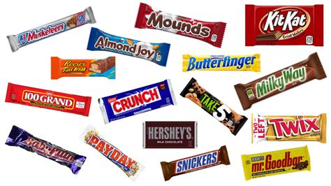Popular candy bars. These are all candy bars that a popular and sold in America. Do not recommend a Crunchie bar or a Flake bar or a Yorkie bar to me. They are delicious, but have no place here. Come on this journey through peanuts, coconut, nougat, caramel and (of course) chocolate, and see how your favorite candy bar stacks up. 25. 