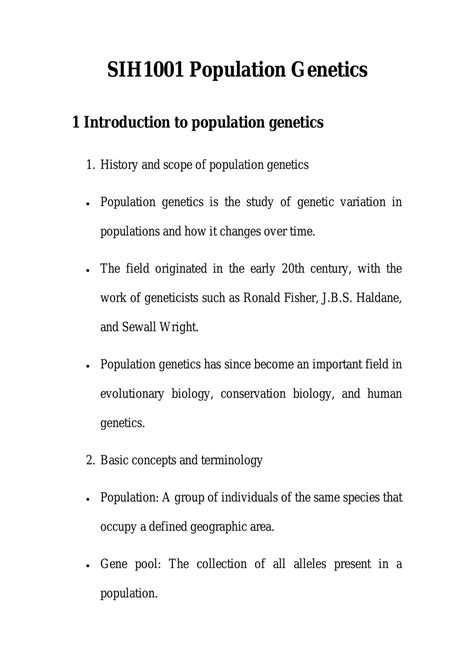 Population Genetics Note SIH1001 - UM Thinkswap