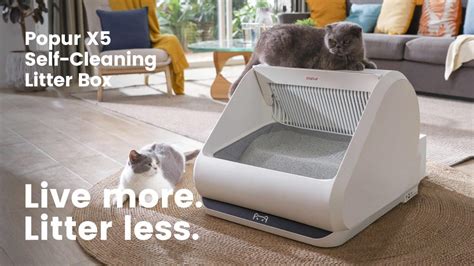 Popur. Popur X5 Self-Cleaning Litter Box is the latest addition, and probably the most disruptive innovation in the electronic litter box category. Featuring an open litter tray and an independent trash can, the Popur X5 is a genetically better design. 