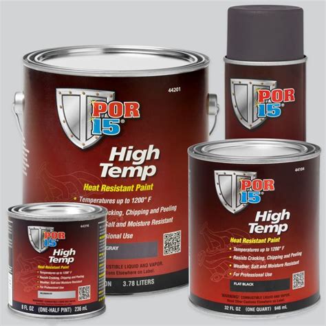 POR-15 High Temp Paint is capable of withstanding extreme temperatures and resists cracking, chipping, and peeling. It is also extremely weather, salt and moisture resistant. One of the most uniform coatings available, and withstands temperatures up to 1200°F. The POR-15 High Temp Paint meets or exceeds properties and requirements …. 