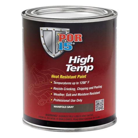POR-15 High Temp Paint is guaranteed to maintain rich, brilliant colors without burning off or discoloring. POR-15 High Temp Paint is capable of withstanding extreme temperatures up to 1200°F (650°C) and will resist cracking, chipping, and peeling. It is also extremely weather, salt and moisture resistant.