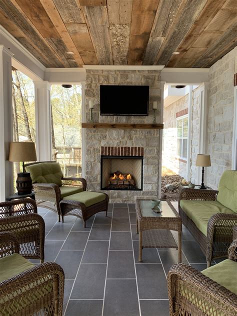 Porch fireplace. A fireplace is the perfect feature to extend the use of an outdoor living space from summer into all four seasons. Unlike a fire pit, an outdoor fireplace defines your patio or deck as a focal point and … 