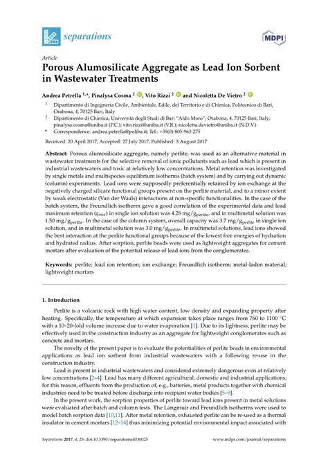 Porous Alumosilicate Aggregate as Lead Ion Sorbent in …