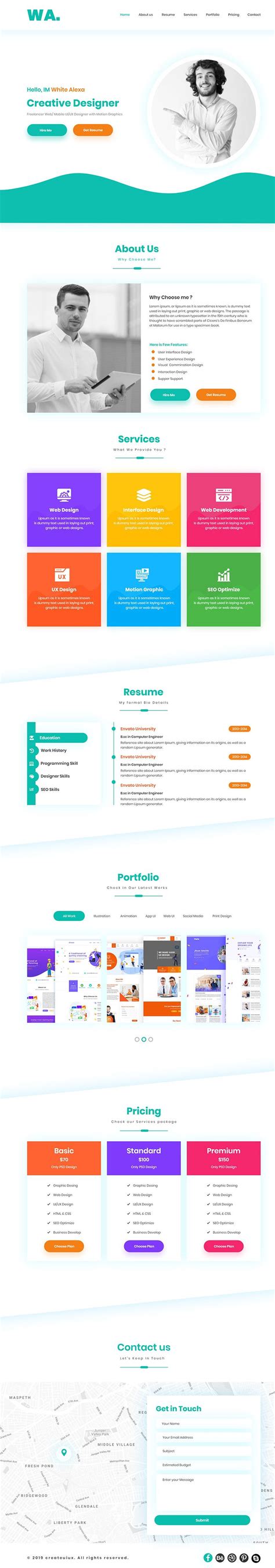 Portfolio One Page Template Free PSD AdobeXD Resource FreebiesUI
