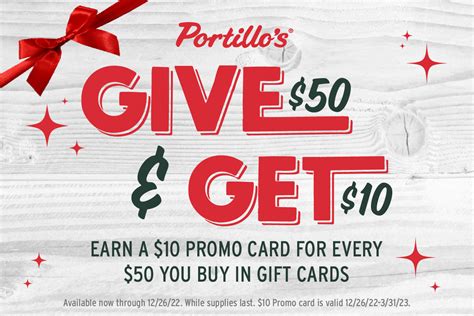 Portillos gift card at jewel. Offer's Details: Access portillos.com using this online promotion and be one of the few to enjoy Earn $10 Promo Card on Every $50 Gift Card Order. Get it before anyone else! No Portillos discount code is required. Terms: Costs and details are open to modifications. Examine the merchant's website for additional information. 