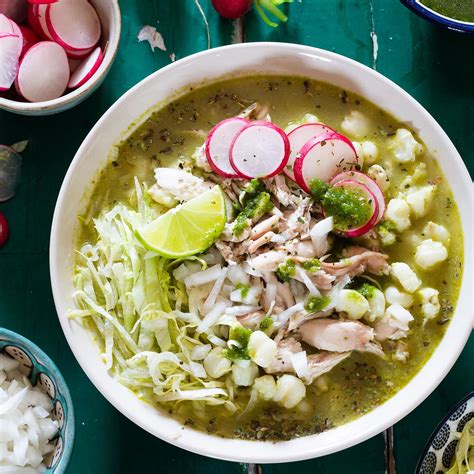 Posole verde. Learn how to make a cozy and flavorful chicken stew with hominy, tomatillos, cilantro, and chiles. Serve with fresh accompaniments like lettuce, radishes, avocado, and lime. 
