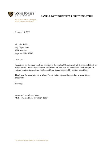 Post Interview Rejection Letter Template