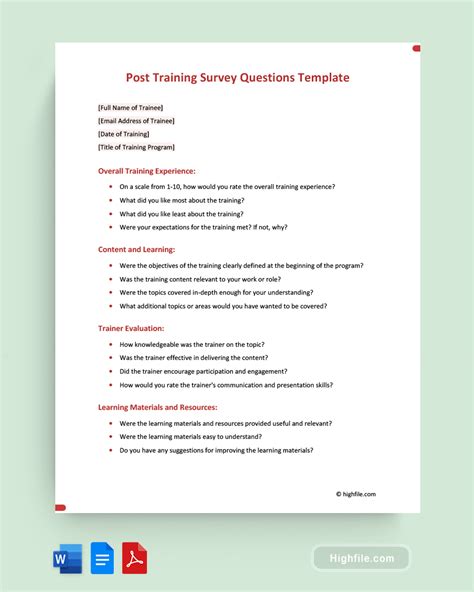 Post Training Survey Questions Template Word PDF Google Docs