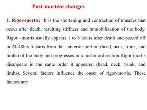 Post mortem changes in animals ppt.  This document provides guidance on ...