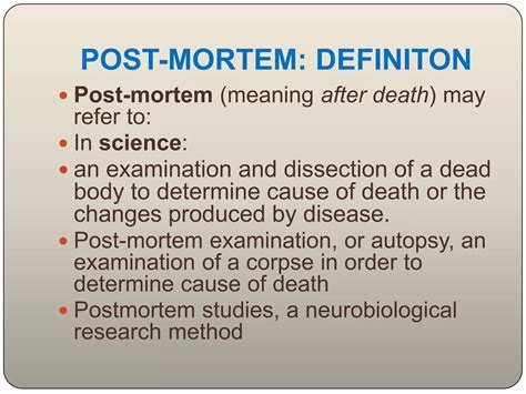 Post mortem review meaning.  The Latin phrase &ldquo;post-mortem&rdquo; directly...
