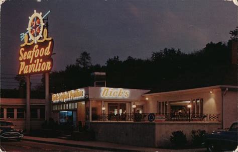 Postcard VA Yorktown Nicks Seafood Pavillion Night View Shot