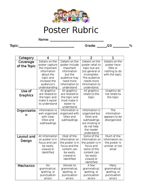 This rubric is developed for a specific poster presentation assignment; it would need to be revised to describe the expectations for each specific assignment. Download Poster Presentation Rubric PDF. Swygart-Hobaugh, A. J.. 
