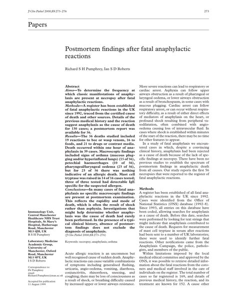 Postmortem findings after fatal anaphylactic reactions