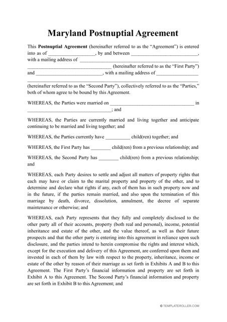 Postnuptial Agreement Maryland Template