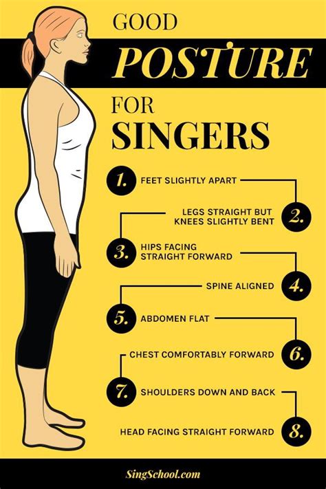 Posture when singing. Before you produce a single sound from your vocal cords, make sure that your posture and breathing are in order. Stand up tall when singing to ensure a good singing posture. If you prefer to sing while sitting down, check that you’re not slouched over. Another way to improve your singing is with the help of breathing exercises. 