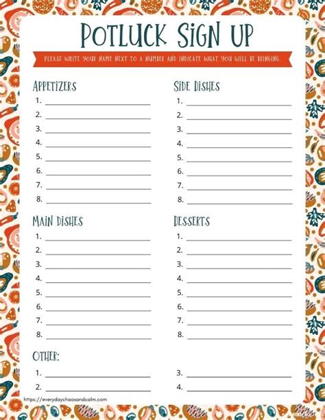Potluck Sign Up Sheet Download Image to u