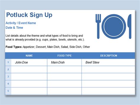 Potluck Sign Up Sheet Template Excel