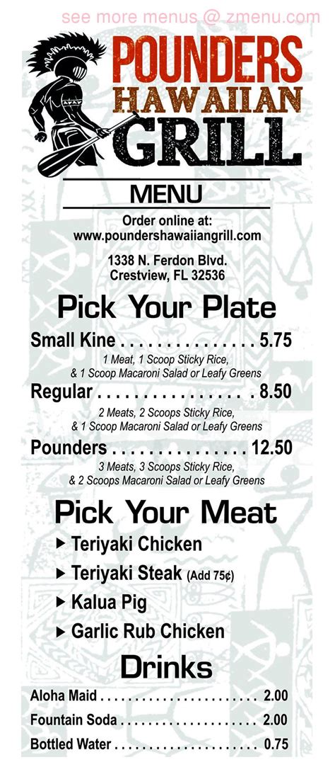 Pounders Hawaiian Grill - Niceville; View gallery. Pounders Hawaiian Grill - Niceville. No reviews yet. 142 Palm Blvd N. Niceville, FL 32578. Orders through Toast are commission free and go directly to this restaurant. Call. Hours. Directions. Gift Cards. You can only place scheduled delivery orders. Pickup ASAP. 142 Palm Blvd N.. Pounders niceville