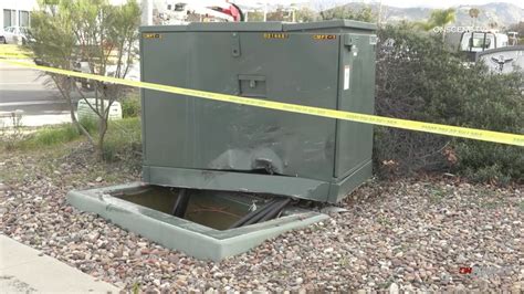 The dislodged SDG&E junction box Friday morning in Poway. Courtesy OnScene.TV. A traffic accident caused a power outage that left more than 1,800 homes and businesses without electrical service ...