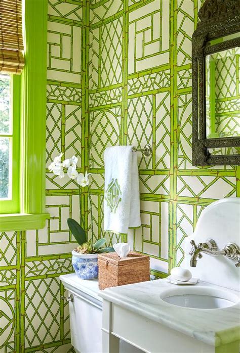 Powder Room Green Bamboo Trellis Wallpaper Design Ideas