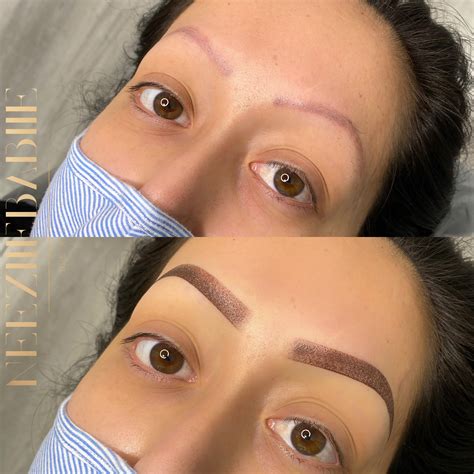 Powder ombre eyebrows. It creates a more shaded effect, rather than the crisp hair strokes that are often associated with microblading. The result is a more defined, fuller brow, similar to the look you can achieve using cosmetic eyebrow powders or pencils. Ombre brows have really risen in popularity over the last few years,” notes Karen. 