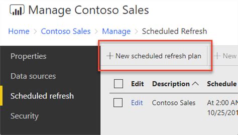 Power bi schedule refresh.  On the Scheduled refresh page, select New scheduled refresh plan...