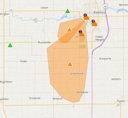 Power outage kokomo. Outage Map. The map below shows the general location of an outage and the number of customers without power. The map will not show specific addresses that are without power for safety reasons. To report a power outage, please call (877) 265-3211. Please wait a few seconds for the outage map to load below. 