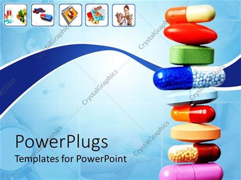 PowerPoint Template stack of various pills and capsules on light blue