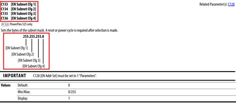 Powerflex 525 parameter list. C132 set Subnet Mask with parameters C133. C138. C139.  PowerFl...