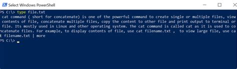 Powershell cat. Learn how to use the type command in Windows to concatenate fil...