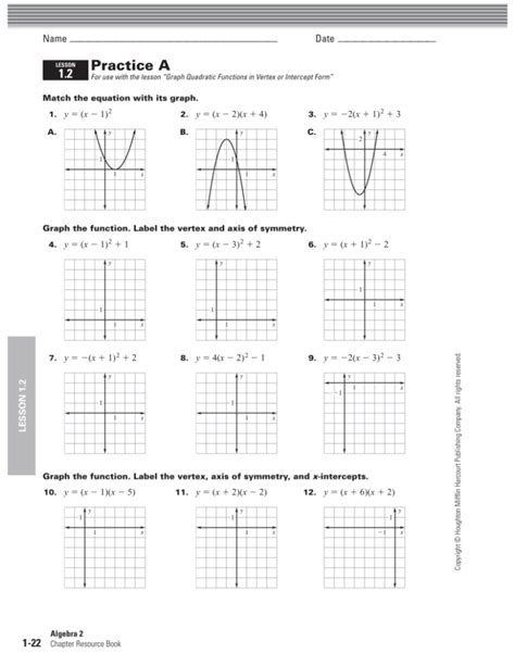 Practice 1.2 Graphing in vertex form and intercept form