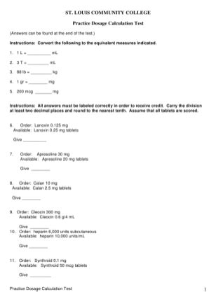 Practice Dosage Calculation Test With Answer Key St. Louis Community