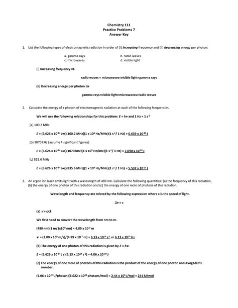 Practice Problems 1.7 Answer Key Chemistry 111 Practice Problems 7