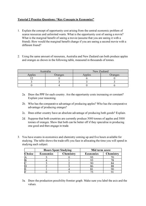 Practice Questions 2 Opportunity Cost and Trade Tutorial 2 Practice