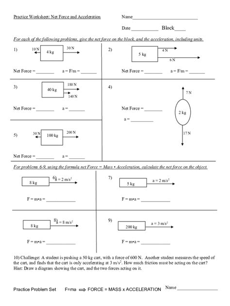 Practice Worksheet Net Force And Acceleration Fill Online, Printable
