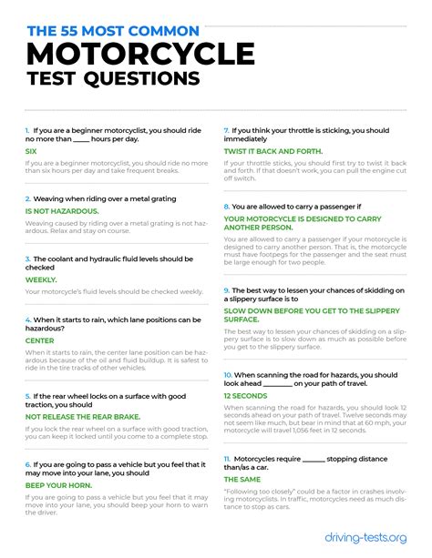  The following questions are from real DMV written motorcycle permit tests. These are some of the actual permit questions you will face in New Jersey when getting your motorcycle learners permit. Each motorcycle theory practice test question has three answer choices. Select one answer for each question and select "grade this section." You can find this button at the bottom of the drivers ... .