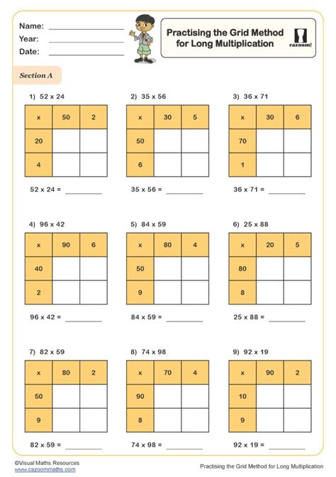 Practising the Grid Method for Long Multiplication Worksheet